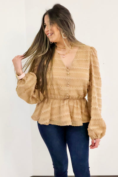 Taupe button down peplum