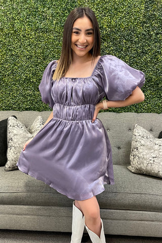 Violet Metallic Balloon Mini Dress